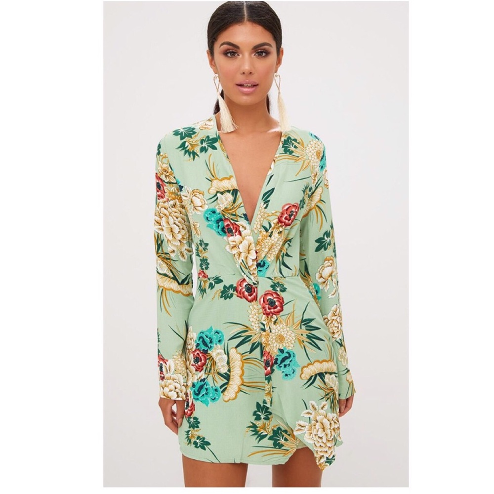 Sage botanical print long sleeve faux wrap dress